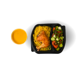 Chicken Thigh with Jufka + Village Salad + Vegetable Soup