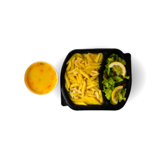 Penne with Chicken, Broccoli Saffron + Mixed Salad + Vegetable Soup